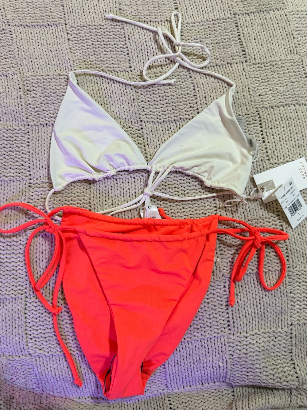 Good American Two-Tone Triangle Bikini Set — Ivory Top & Coral Bottom